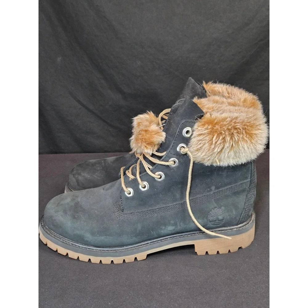 Timberland 6 Inch Black Nubuck Faux Fur Trim Insulated Winter Boots‎ Mens 6